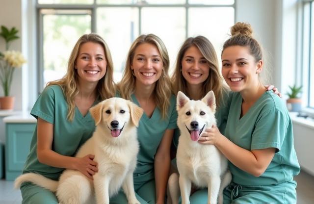 L'équipe accueillante avec des chiens et chats heureux au salon