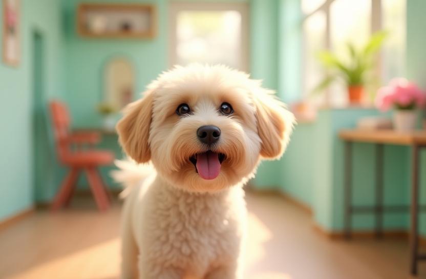 Chien toiletté heureux dans le salon